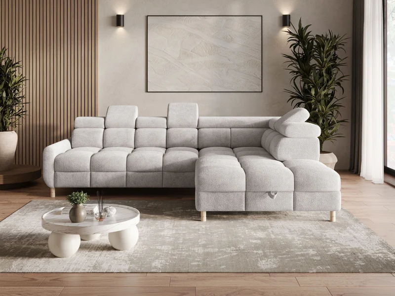 Ecksofa – Bun – Schlafsofa mit Bettkasten, Bouclé Arena, 276 × 209 cm
