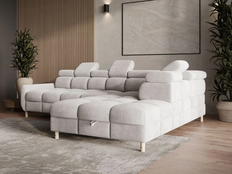 Ecksofa – Bun – Schlafsofa mit Bettkasten, Bouclé Arena, 276 × 209 cm