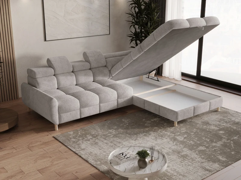 Ecksofa – Bun – Schlafsofa mit Bettkasten, Bouclé Arena, 276 × 209 cm