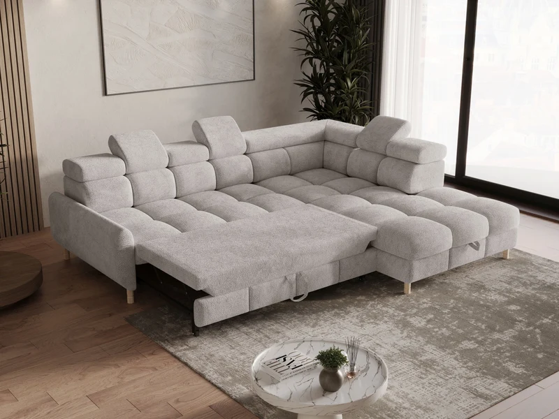 Ecksofa – Bun – Schlafsofa mit Bettkasten, Bouclé Arena, 276 × 209 cm