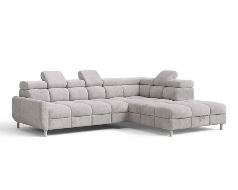 Ecksofa – Bun – Schlafsofa mit Bettkasten, Bouclé Arena, 276 × 209 cm