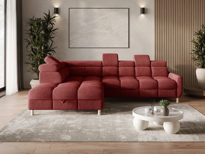 Ecksofa – Bun – Schlafsofa mit Bettkasten, Bouclé Arena, 276 × 209 cm
