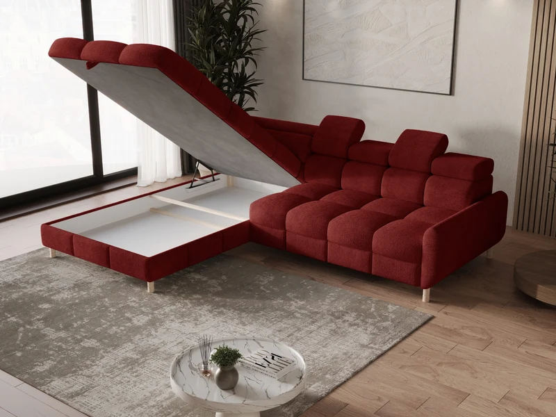 Ecksofa – Bun – Schlafsofa mit Bettkasten, Bouclé Arena, 276 × 209 cm