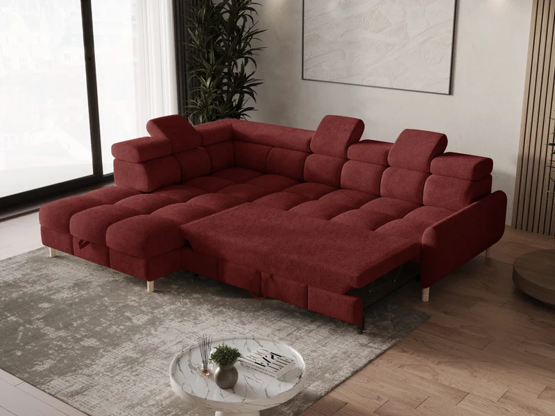 Ecksofa – Bun – Schlafsofa mit Bettkasten, Bouclé Arena, 276 × 209 cm