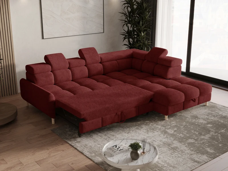 Ecksofa – Bun – Schlafsofa mit Bettkasten, Bouclé Arena, 276 × 209 cm