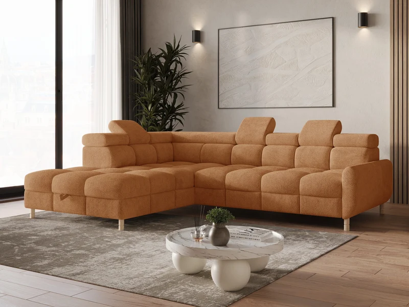 Ecksofa – Bun – Schlafsofa mit Bettkasten, Bouclé Arena, 276 × 209 cm