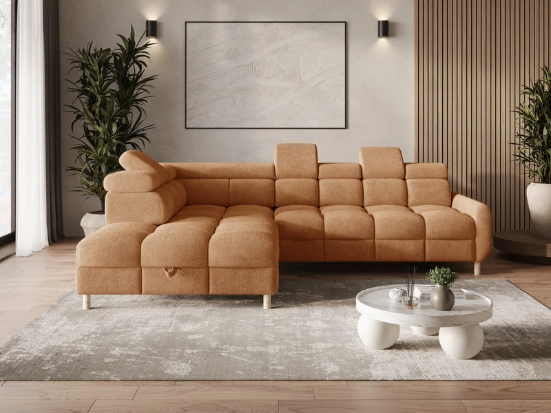 Ecksofa – Bun – Schlafsofa mit Bettkasten, Bouclé Arena, 276 × 209 cm