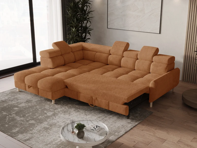 Ecksofa – Bun – Schlafsofa mit Bettkasten, Bouclé Arena, 276 × 209 cm