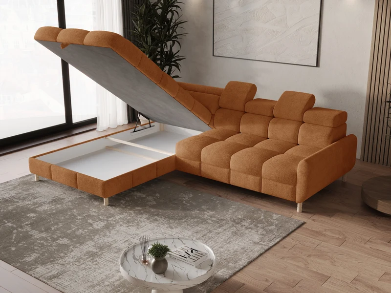 Ecksofa – Bun – Schlafsofa mit Bettkasten, Bouclé Arena, 276 × 209 cm