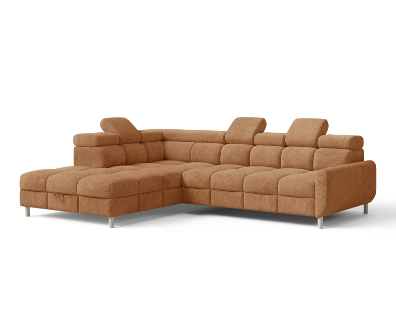 Ecksofa – Bun – Schlafsofa mit Bettkasten, Bouclé Arena, 276 × 209 cm