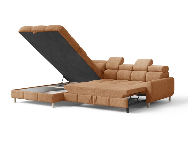 Ecksofa – Bun – Schlafsofa mit Bettkasten, Bouclé Arena, 276 × 209 cm