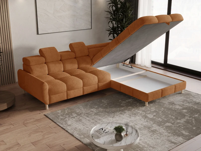 Ecksofa – Bun – Schlafsofa mit Bettkasten, Bouclé Arena, 276 × 209 cm