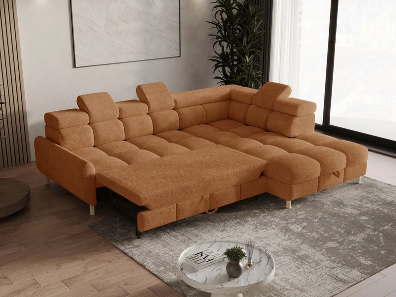 Ecksofa – Bun – Schlafsofa mit Bettkasten, Bouclé Arena, 276 × 209 cm