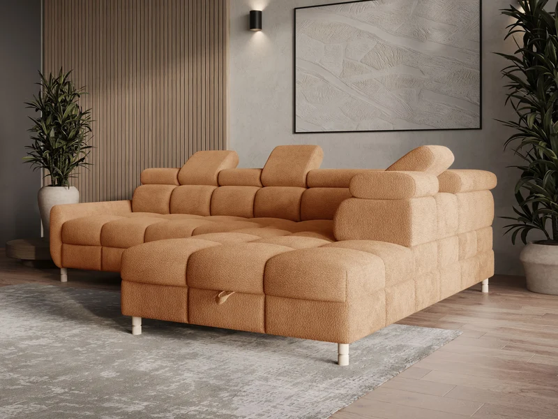 Ecksofa – Bun – Schlafsofa mit Bettkasten, Bouclé Arena, 276 × 209 cm