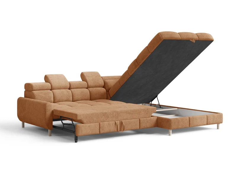 Ecksofa – Bun – Schlafsofa mit Bettkasten, Bouclé Arena, 276 × 209 cm