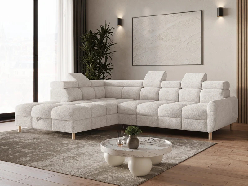 Ecksofa – Bun – Schlafsofa mit Bettkasten, Bouclé Arena, 276 × 209 cm