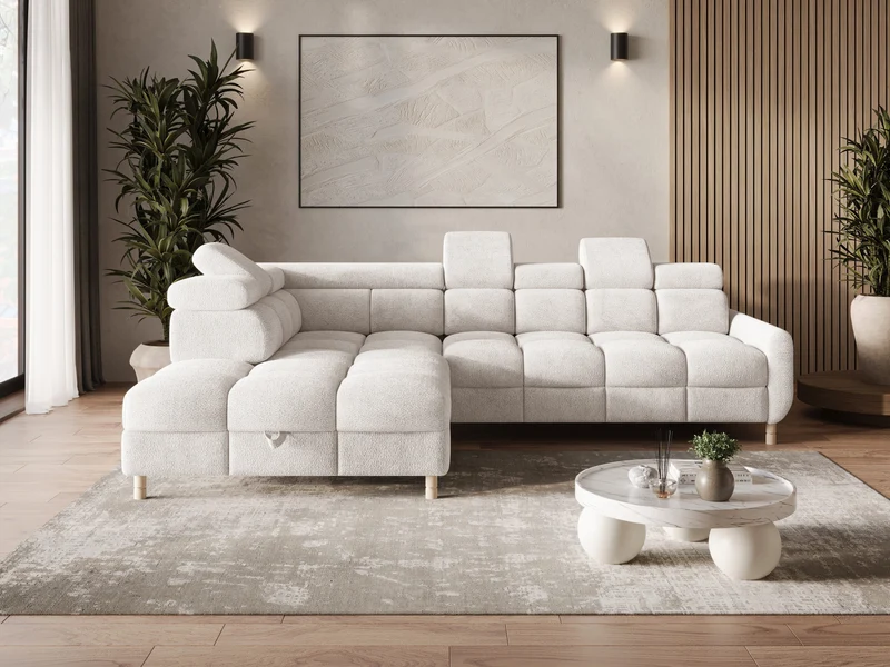 Ecksofa – Bun – Schlafsofa mit Bettkasten, Bouclé Arena, 276 × 209 cm