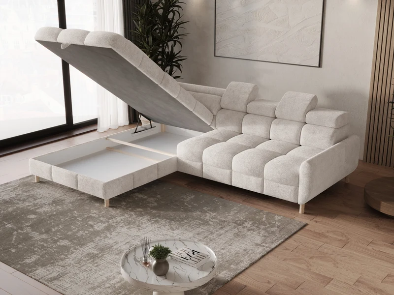 Ecksofa – Bun – Schlafsofa mit Bettkasten, Bouclé Arena, 276 × 209 cm