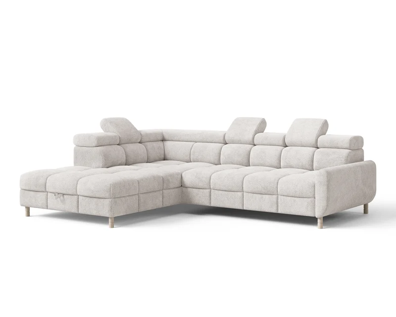 Ecksofa – Bun – Schlafsofa mit Bettkasten, Bouclé Arena, 276 × 209 cm