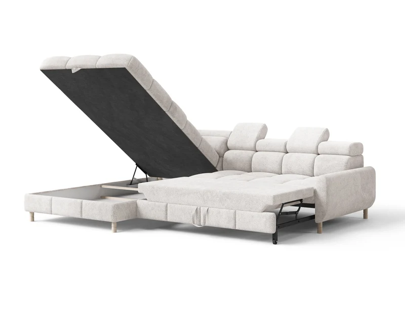 Ecksofa – Bun – Schlafsofa mit Bettkasten, Bouclé Arena, 276 × 209 cm