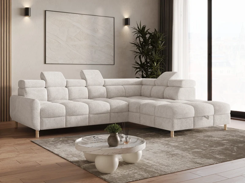Ecksofa – Bun – Schlafsofa mit Bettkasten, Bouclé Arena, 276 × 209 cm