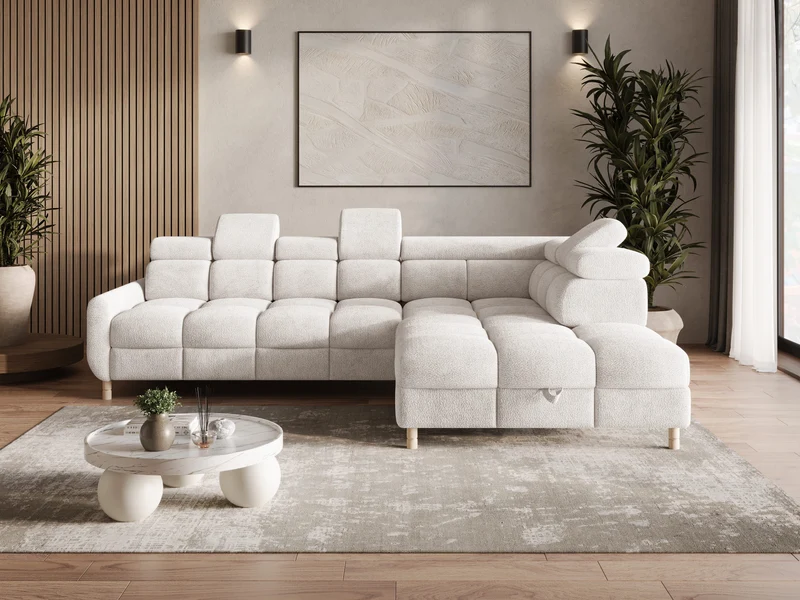 Ecksofa – Bun – Schlafsofa mit Bettkasten, Bouclé Arena, 276 × 209 cm