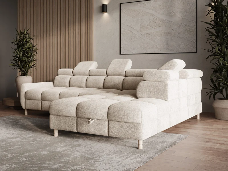 Ecksofa – Bun – Schlafsofa mit Bettkasten, Bouclé Arena, 276 × 209 cm
