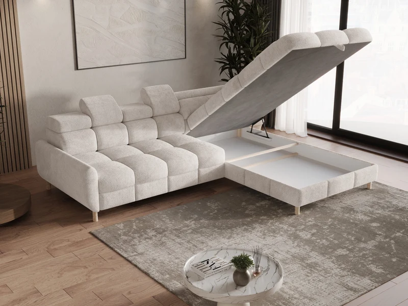 Ecksofa – Bun – Schlafsofa mit Bettkasten, Bouclé Arena, 276 × 209 cm