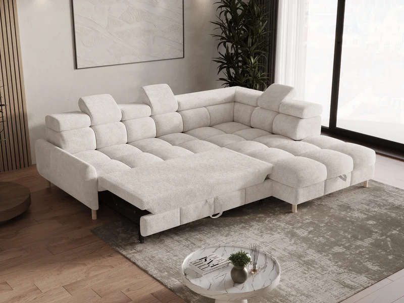 Ecksofa – Bun – Schlafsofa mit Bettkasten, Bouclé Arena, 276 × 209 cm