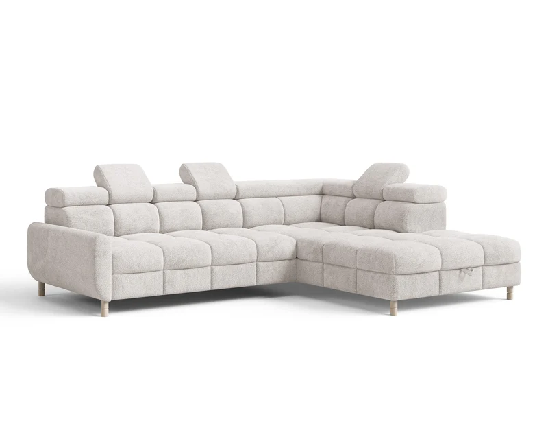 Ecksofa – Bun – Schlafsofa mit Bettkasten, Bouclé Arena, 276 × 209 cm