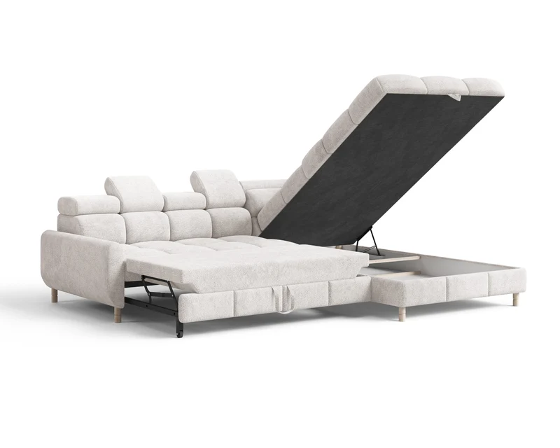 Ecksofa – Bun – Schlafsofa mit Bettkasten, Bouclé Arena, 276 × 209 cm