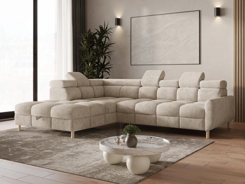 Ecksofa – Bun – Schlafsofa mit Bettkasten, Bouclé Arena, 276 × 209 cm