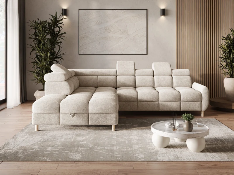 Ecksofa – Bun – Schlafsofa mit Bettkasten, Bouclé Arena, 276 × 209 cm