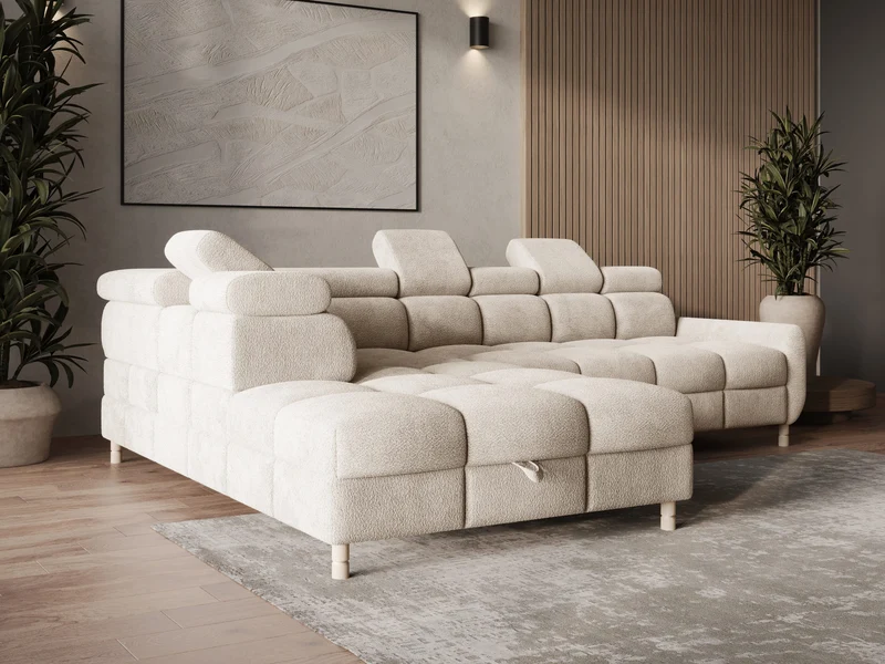 Ecksofa – Bun – Schlafsofa mit Bettkasten, Bouclé Arena, 276 × 209 cm