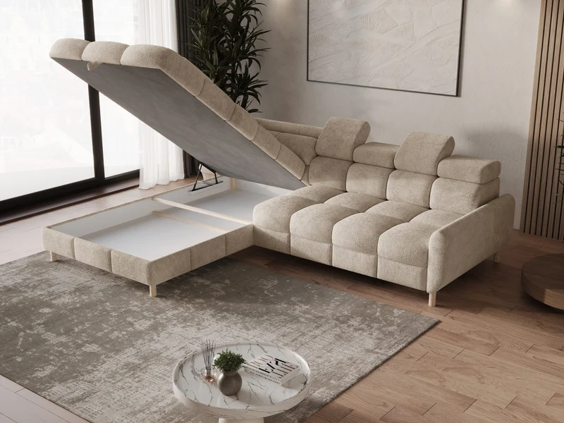 Ecksofa – Bun – Schlafsofa mit Bettkasten, Bouclé Arena, 276 × 209 cm