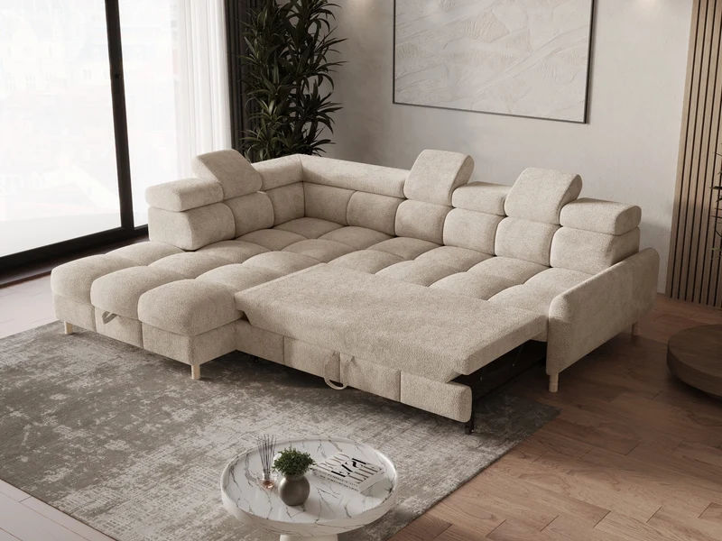 Ecksofa – Bun – Schlafsofa mit Bettkasten, Bouclé Arena, 276 × 209 cm