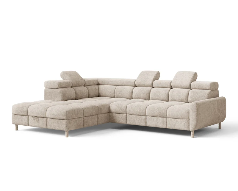 Ecksofa – Bun – Schlafsofa mit Bettkasten, Bouclé Arena, 276 × 209 cm