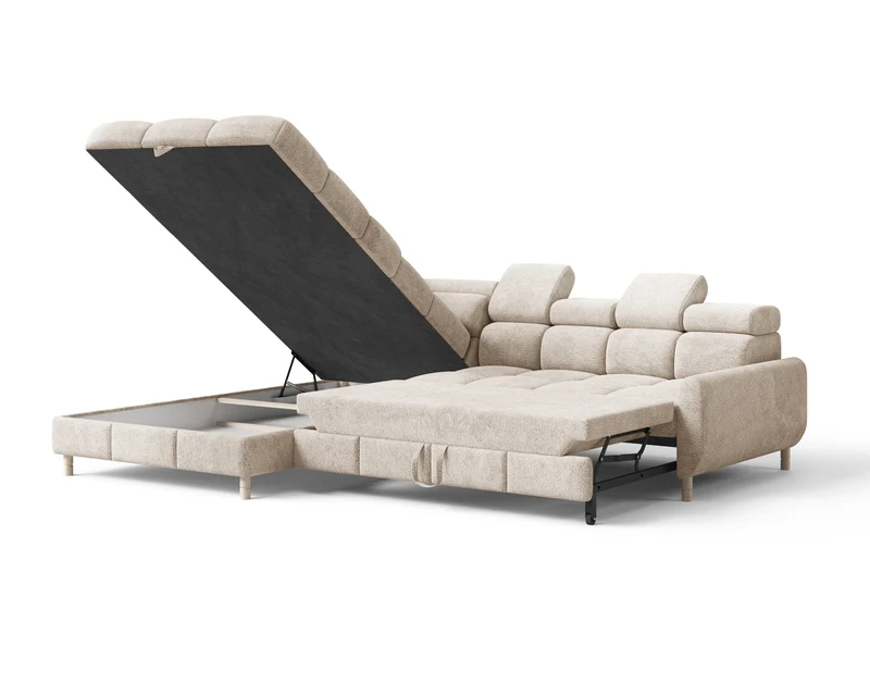 Ecksofa – Bun – Schlafsofa mit Bettkasten, Bouclé Arena, 276 × 209 cm
