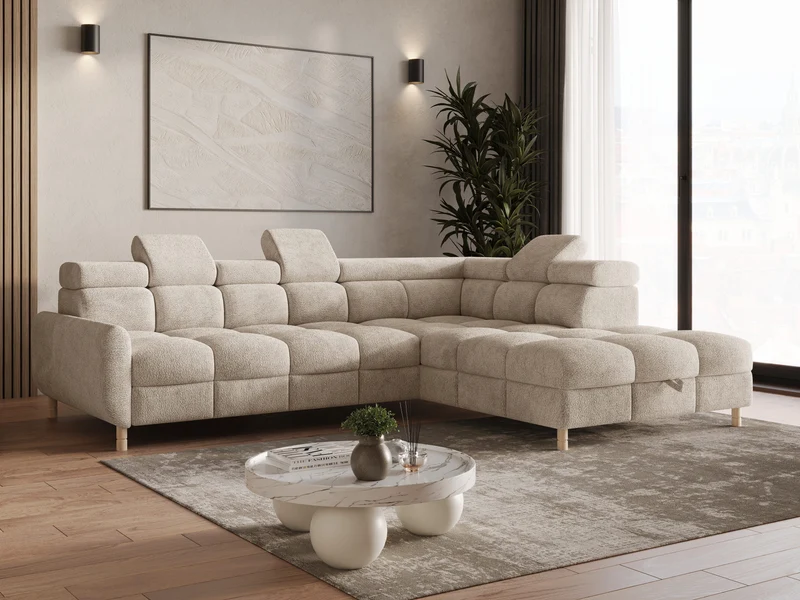 Ecksofa – Bun – Schlafsofa mit Bettkasten, Bouclé Arena, 276 × 209 cm