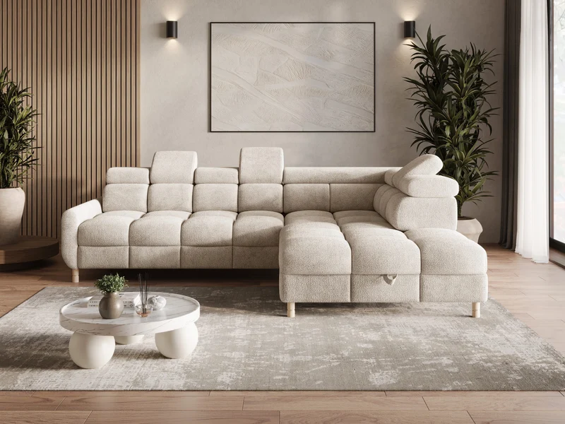 Ecksofa – Bun – Schlafsofa mit Bettkasten, Bouclé Arena, 276 × 209 cm