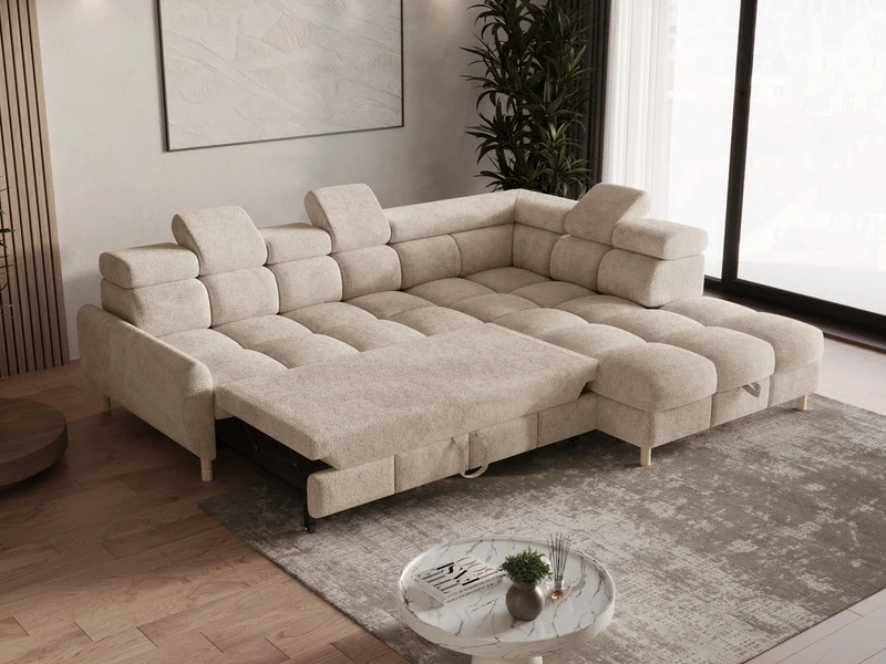 Ecksofa – Bun – Schlafsofa mit Bettkasten, Bouclé Arena, 276 × 209 cm