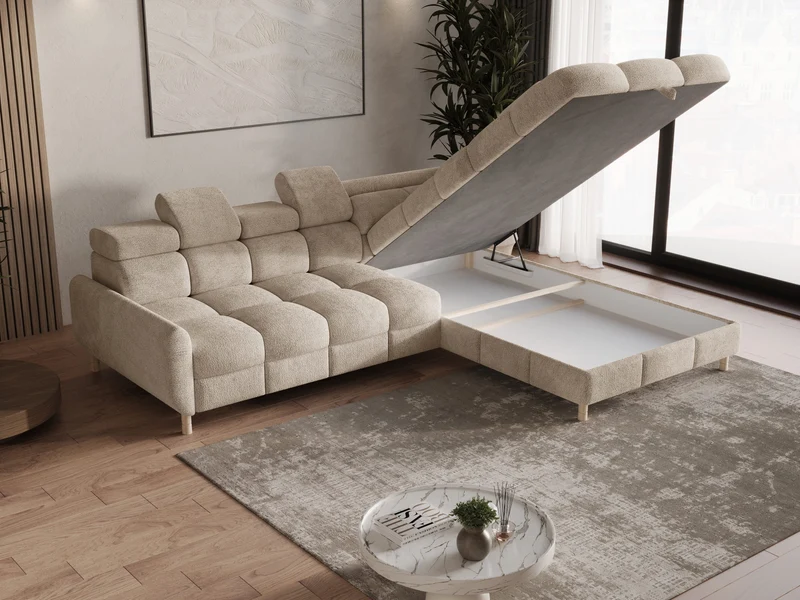 Ecksofa – Bun – Schlafsofa mit Bettkasten, Bouclé Arena, 276 × 209 cm