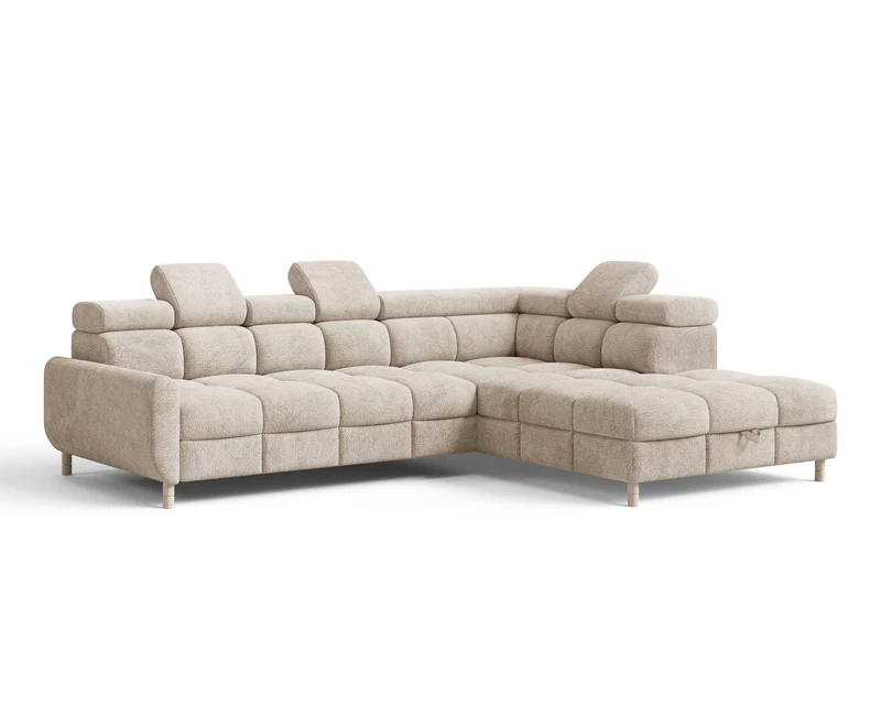 Ecksofa – Bun – Schlafsofa mit Bettkasten, Bouclé Arena, 276 × 209 cm