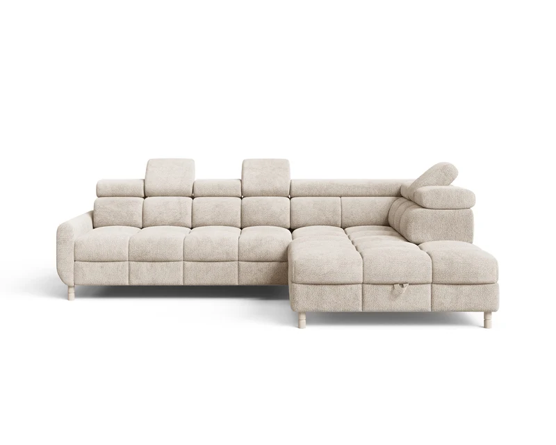 Ecksofa – Bun – Schlafsofa mit Bettkasten, Bouclé Arena, 276 × 209 cm