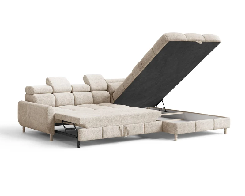 Ecksofa – Bun – Schlafsofa mit Bettkasten, Bouclé Arena, 276 × 209 cm