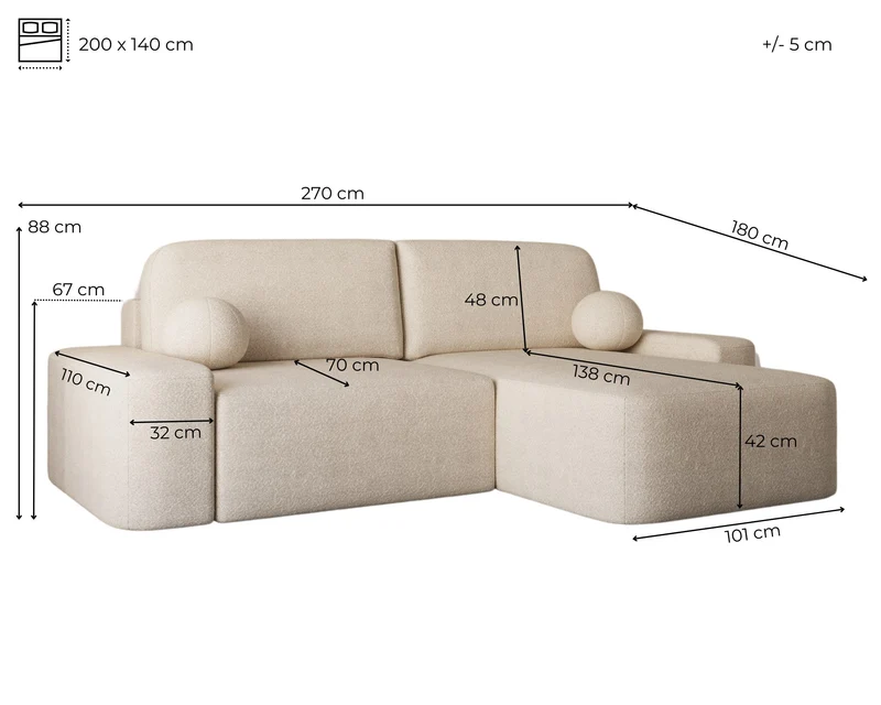 Ecksofa – Oval – Bezug Arena, Schlaffunktion 140 × 200 cm