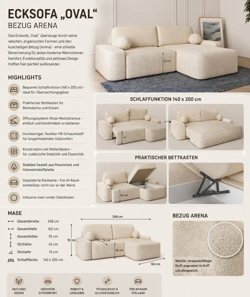 Ecksofa – Oval – Bezug Arena, Schlaffunktion 140 × 200 cm