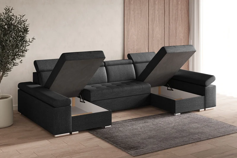 Ecksofa – Toronto U – Schlafsofa in U-Form mit Bettkasten & verstellbaren Kopfstützen