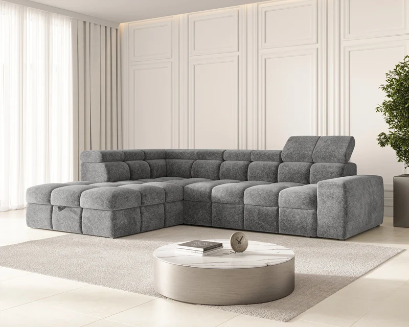 Ecksofa – Bianco – Schlafsofa mit Bettkasten & verstellbaren Kopfstützen