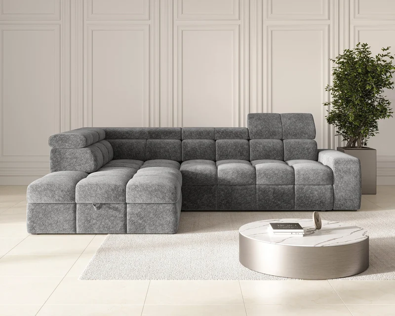 Ecksofa – Bianco – Schlafsofa mit Bettkasten & verstellbaren Kopfstützen